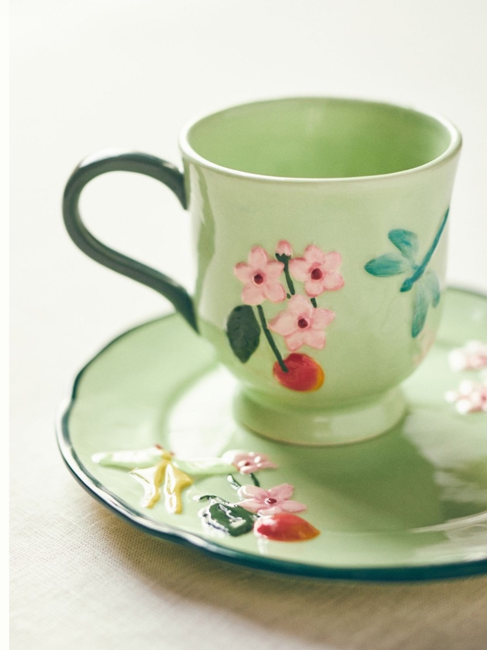 Anthropologie Faye Frazee Mint Green Mug Pink Blossoms, Red Cherries dragonfly
